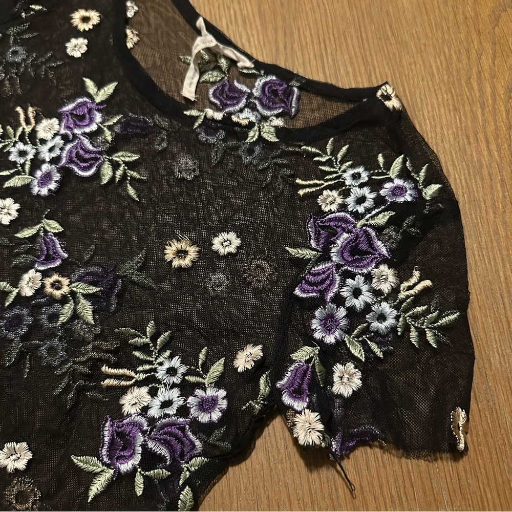 Urban Outfitters Embroidered Black Mesh Floral Tee - Purple & White Accents